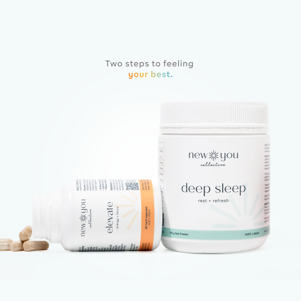 Two containers labeled 'elevate' and 'deep sleep' from the brand 'new you collective' on a white background.